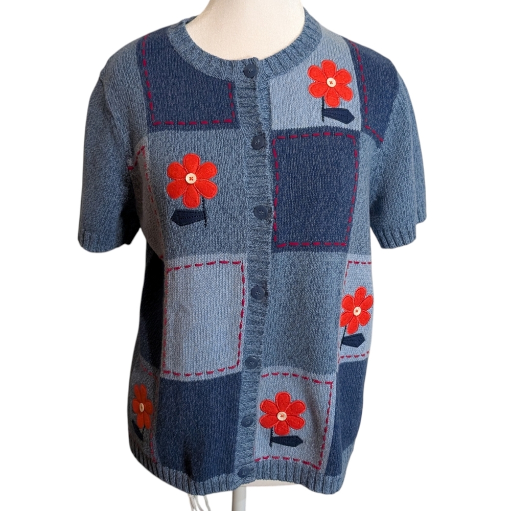 Vintage Breckenridge Sweater Women’s Petite Medium – Blue Red Floral Patchwork‎